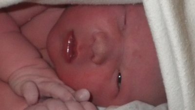 Just born David peeks out of his blanket.